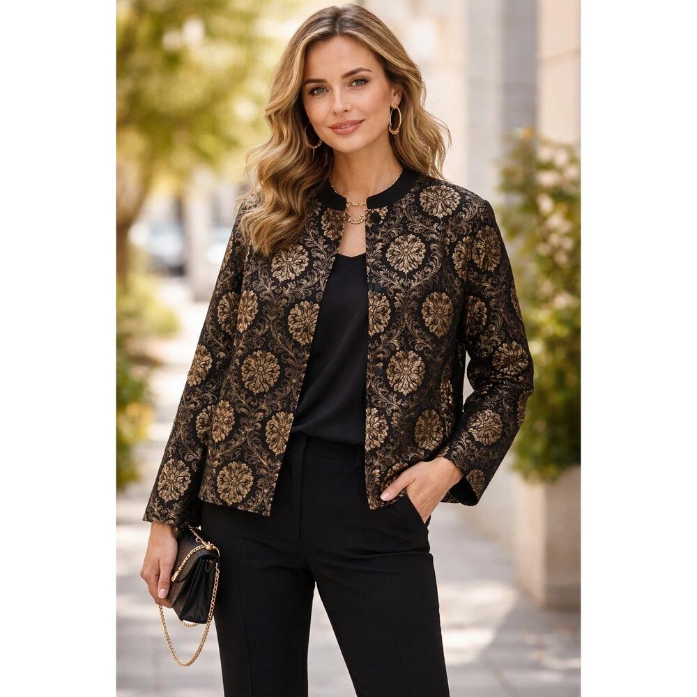 Laura Ashley Blazer Jacket Black Gold Floral Brocade Velvet Chic Evening Party M